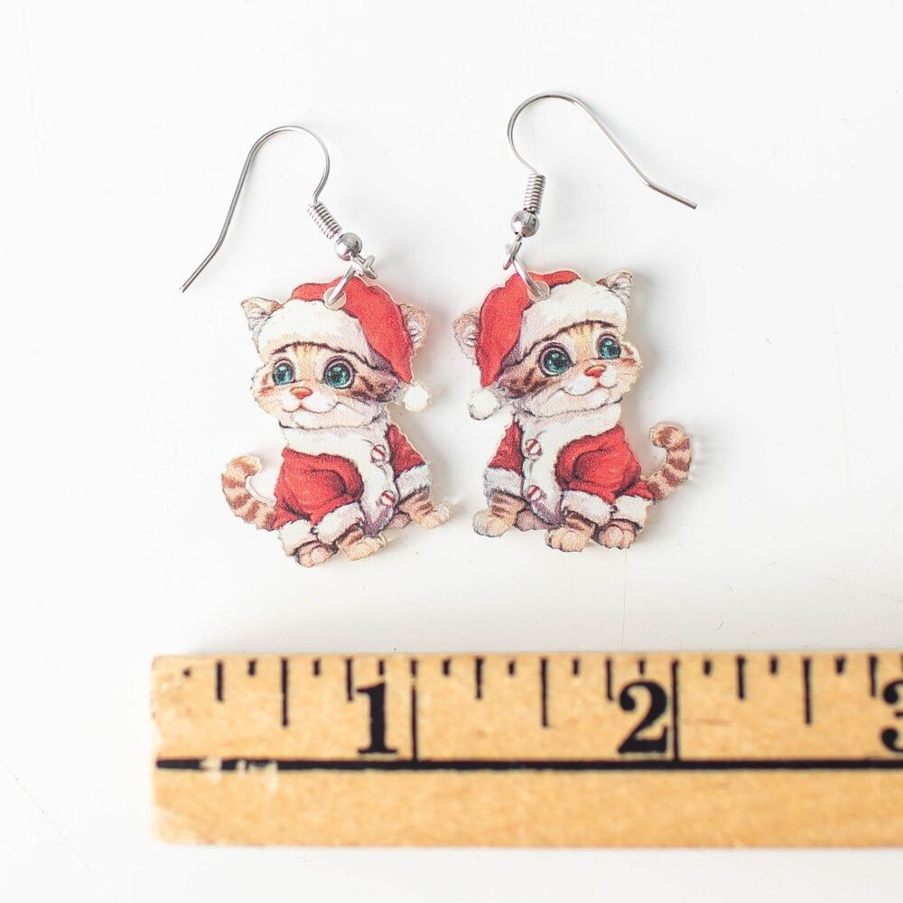 Cute Vintage Christmas Santa Kitten Acrylic Dangle Earrings Holiday Cat Jewelry - Picture 4 of 5